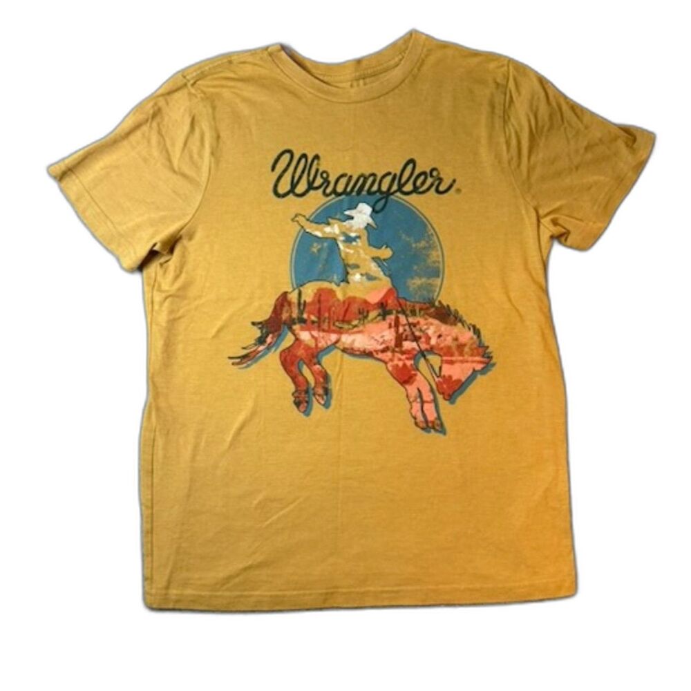 Wrangler Western Graphic T Shirt Size M Mustard Yellow Cowboy Bronco Rodeo Tee